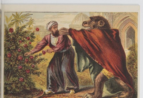 La Bête en lion vêtu d'une cape rouge saisissant un homme près d'un rosier, chromolithographie, Hachette, 1870.