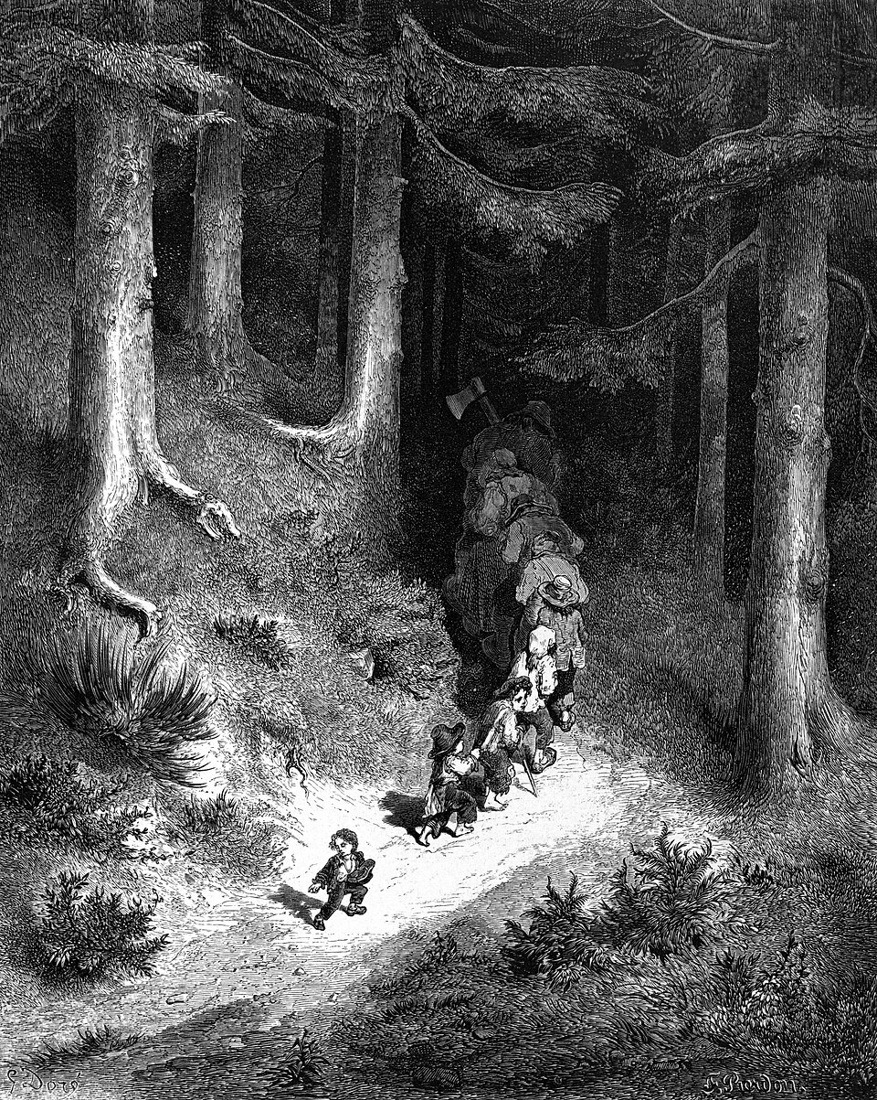 Gravure de Gustave Doré : le Petit Poucet sème des cailloux blancs le long du chemin.