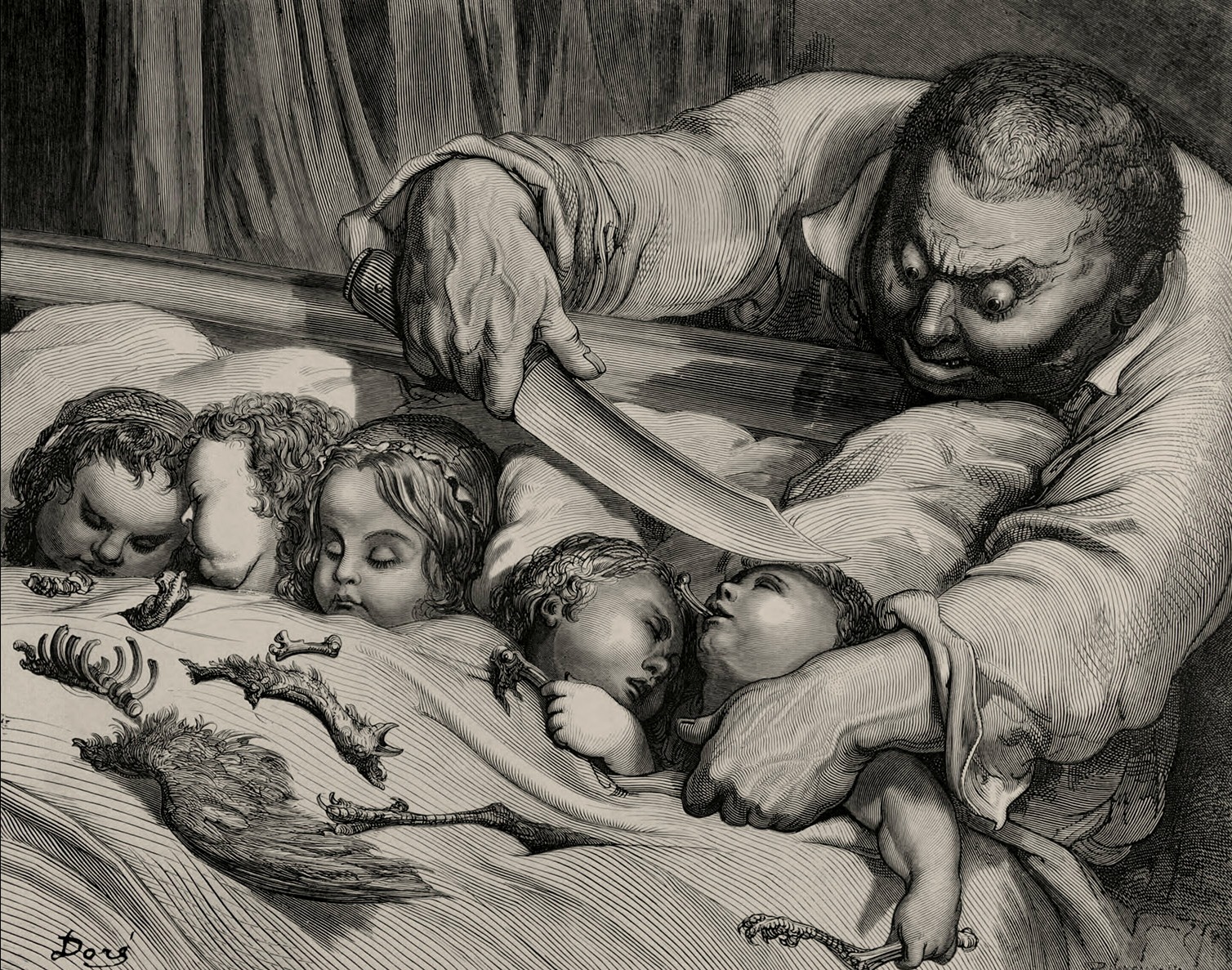 Gravure de Gustave Doré : le Petit Poucet et l'ogre.